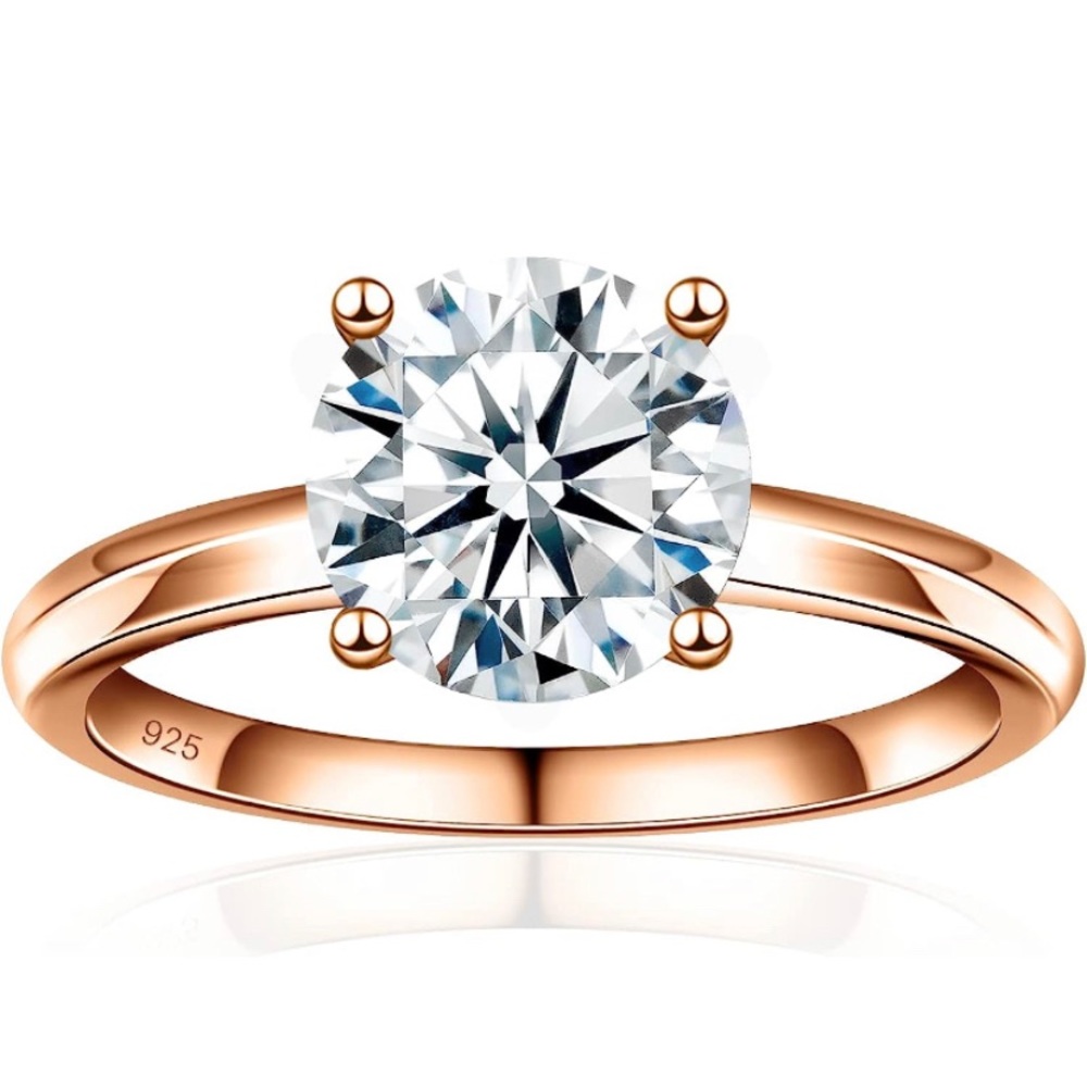 Moissanite Diamond Ring Rose Gold Plated Size 7 Silver Wedding Anniversary 2 CT